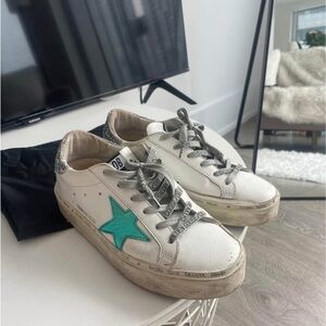 Golden Goose White and Teal & Glitter Hi Star Sneakers